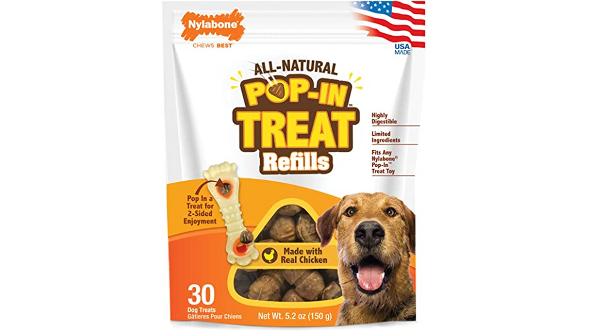 Nylabone Pop In Dog Treats: All-natural, chicken-flavored chew treats for dogs, ideal for Pop-In Treat Toys. 30 pack, made in the USA.