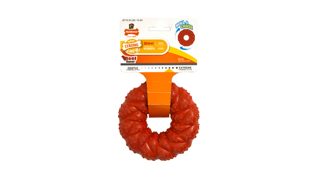 Nylabone Rhino Rubber Ring for dogs, durable chew toy with beef flavor, promotes active play and dental health.