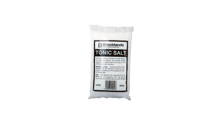 A clear container of Tonic Salt, designed to improve aquarium health and reduce fish stress while combating parasites.