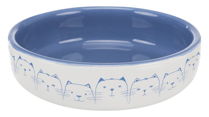 Cat dish for flat-faced breeds in blue and white, shallow design to prevent whisker fatigue, with a non-slip base.