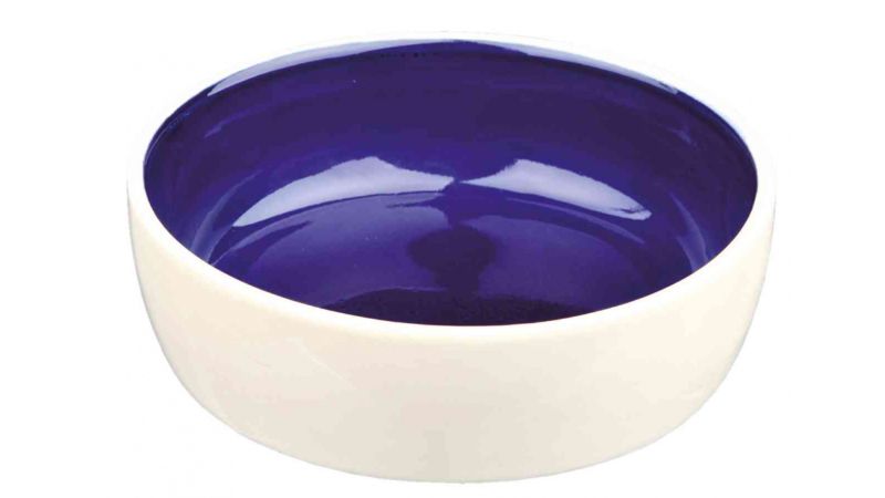 Elegant cream and blue stoneware cat bowl, 13cm, durable, microwave/dishwasher safe, ideal for all cat life stages.