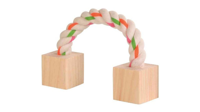 Colorful wooden blocks on a rope, promoting creativity and fine motor skills for toddlers and preschoolers.