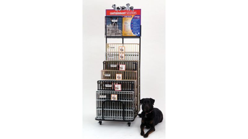 Versatile display rack for dog crates and exercise pens, holds 5 sizes, features lockable castors for easy mobility.