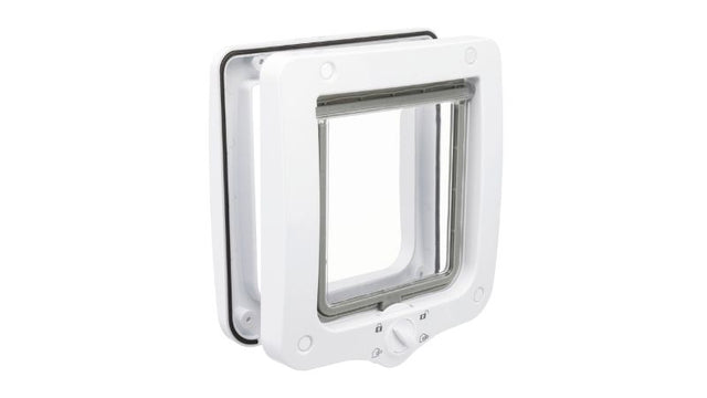 Trixie Cat Door 4-Way in white with transparent flap, silent action, 360° seal, and secure turn-lock fastener for cats.