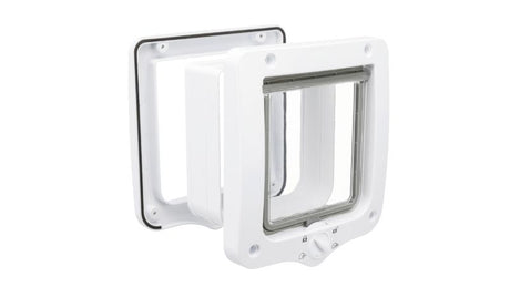 Trixie Cat Door 4-Way in White with tunnel, featuring a transparent flap, silent action, and energy-efficient seal.