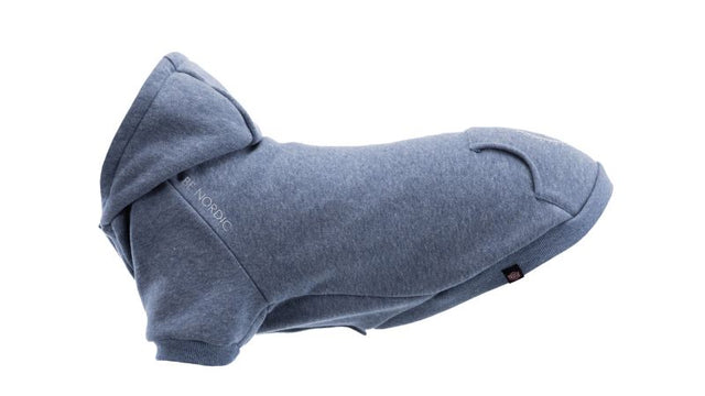 Blue BE NORDIC hoodie for small dogs, 40cm, cozy, stylish, durable, with leash opening for easy walks.