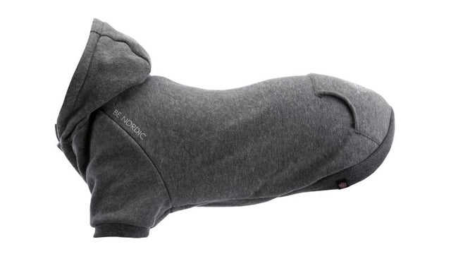 Grey BE NORDIC hoodie for small dogs, 33cm long, warm polyester, with hood, easy wear fasteners, eco-friendly design.