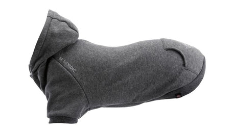 Stylish grey BE NORDIC Hoodie for small dogs, offering warmth and comfort with a modern Nordic pattern.