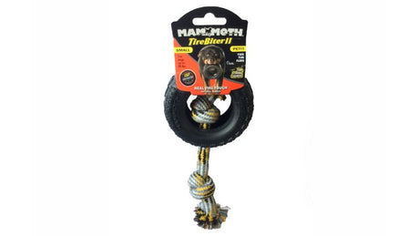 Small TireBiter II dog toy with rope, designed for interactive play, durable chew, and promoting dental health.