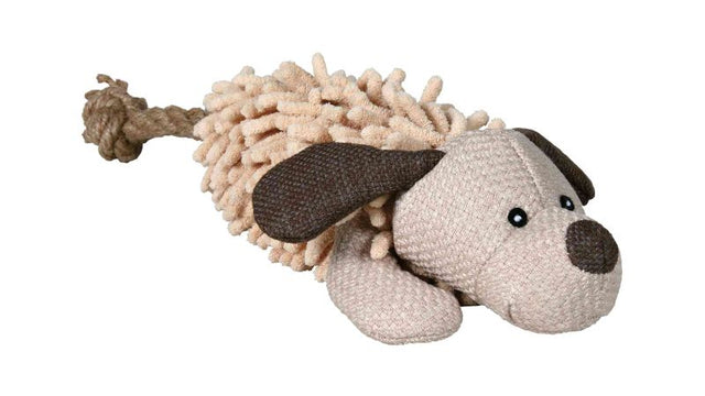 Soft 30cm dog plush toy with integrated rope for playful tugging and cuddly companionship.