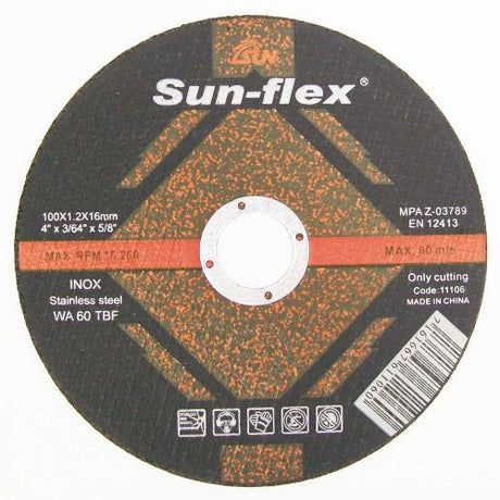 Sun-flex INOX Metal Cut Off Disc set, 100mm, for clean cuts in stainless steel, mild steel, and cast iron, 3 units included.