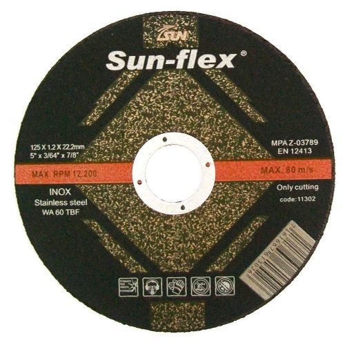 Sun-flex INOX cutting disc for stainless steel and mild steel, 115 x 1.2 x 22.23mm, maximum RPM 13,300.