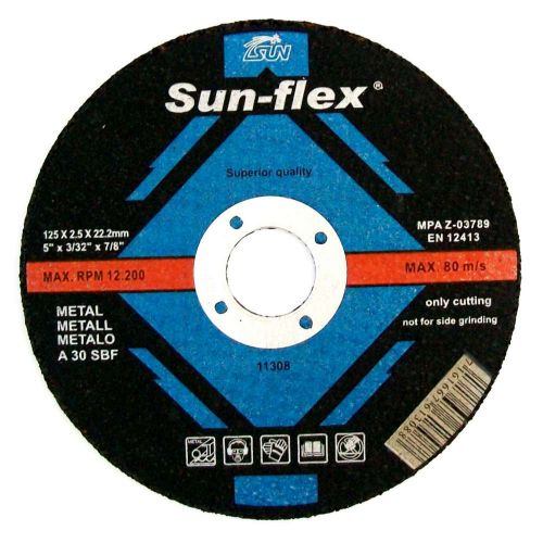 Three robust metal cutting grinding discs (125 x 2.5 x 22mm) by Sun-Flex, designed for efficient metalworking and high-speed use.