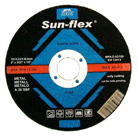 Three robust metal cutting grinding discs (125 x 2.5 x 22mm) by Sun-Flex, designed for efficient metalworking and high-speed use.