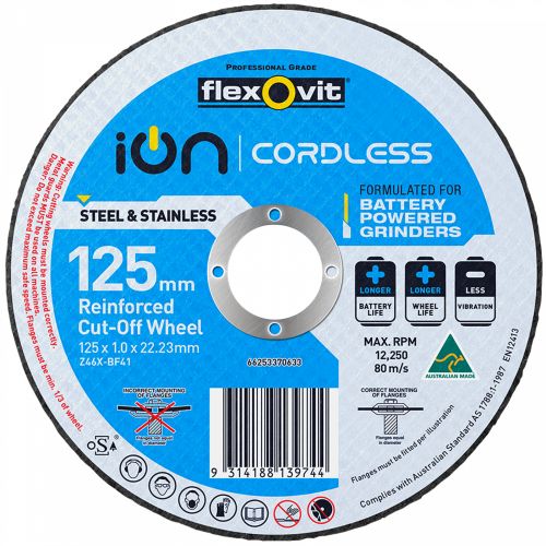Cut-off abrasive disc for battery grinders, 125 x 1 x 22mm, offers durability, reduced vibration, and longer lifespan.