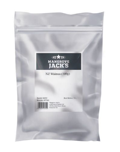 Mangrove Jack's NZ Waimea Hop Pellets (100g) for brewing, showcasing tangelo, citrus, and pine notes for flavorful IPAs and Lagers.