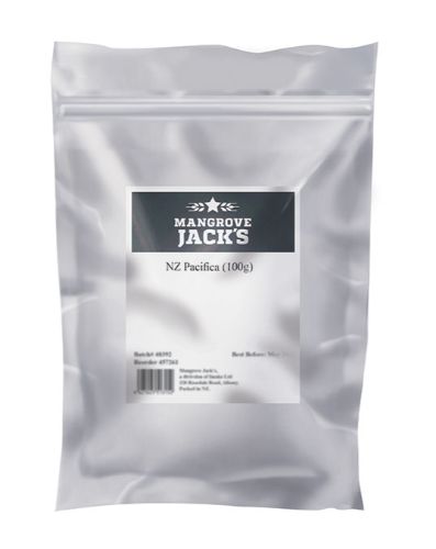 Mangrove Jack's NZ Pacifica hop pellets in a 100g pack, featuring vibrant citrus and orange marmalade aromas for brewers.