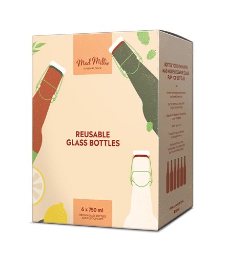 Set of 6 reusable 750ml brown glass flip-top bottles, ideal for brewing kombucha and other fermented drinks.