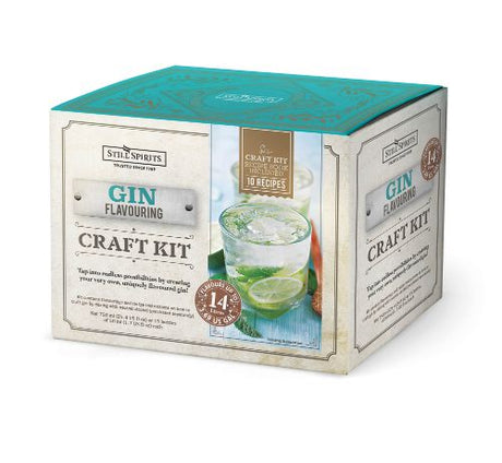 Still Spirits Gin Craft Kit showcasing flavor essences, distilling tools, and a recipe booklet for personalized gin creation.