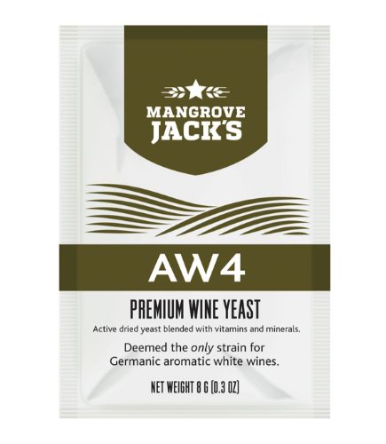 Mangrove Jack's AW4 wine yeast packet for crafting aromatic white wines like Gewurztraminer and Sauvignon Blanc.