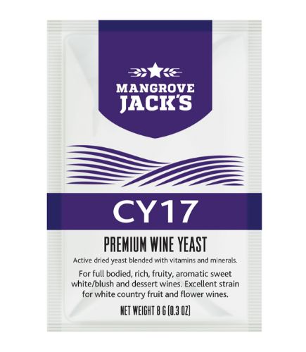 Mangrove Jack's CY17 wine yeast packet for crafting sweet white, blush, and dessert wines with tropical flavors and rich aromatics.