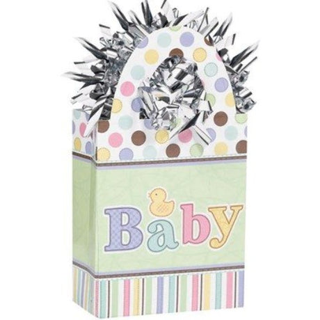 Charming pastel balloon weights with "Baby" headline and silver tinsel, perfect for baby showers and decorations.
