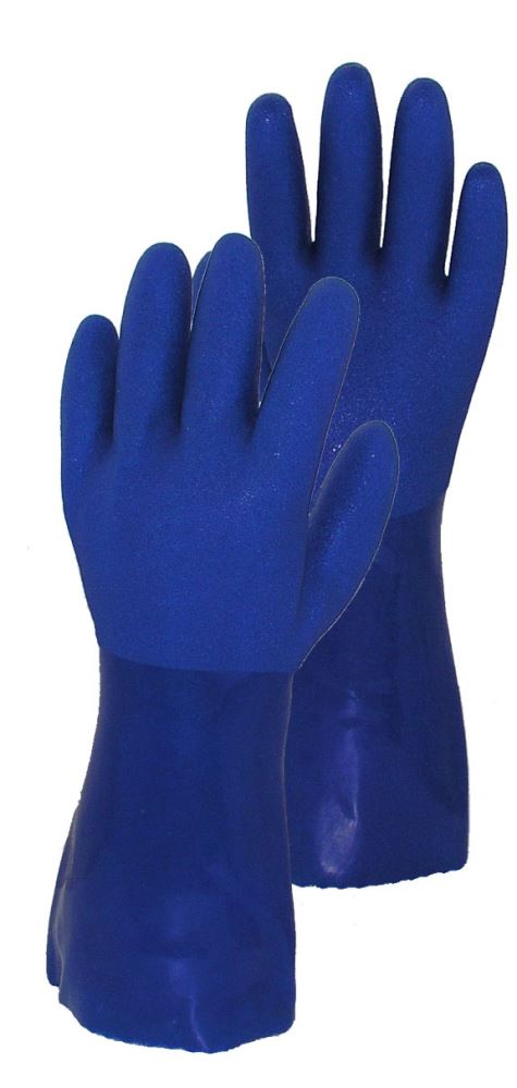 True Blue Gloves with vinyl exterior, cotton lining, and 5-inch cuffs, perfect for comfort and grip during dishwashing.