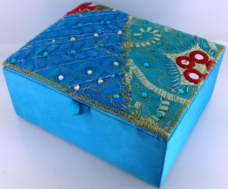 Blue small Zaari embroidered jewellery box, handcrafted in Jodhpur, features unique patterns for elegant accessory storage.