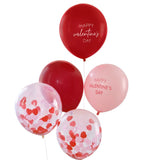 Valentine's Day balloon bundle with confetti hearts and 'Happy Valentine's Day' messages, perfect for romantic surprises.