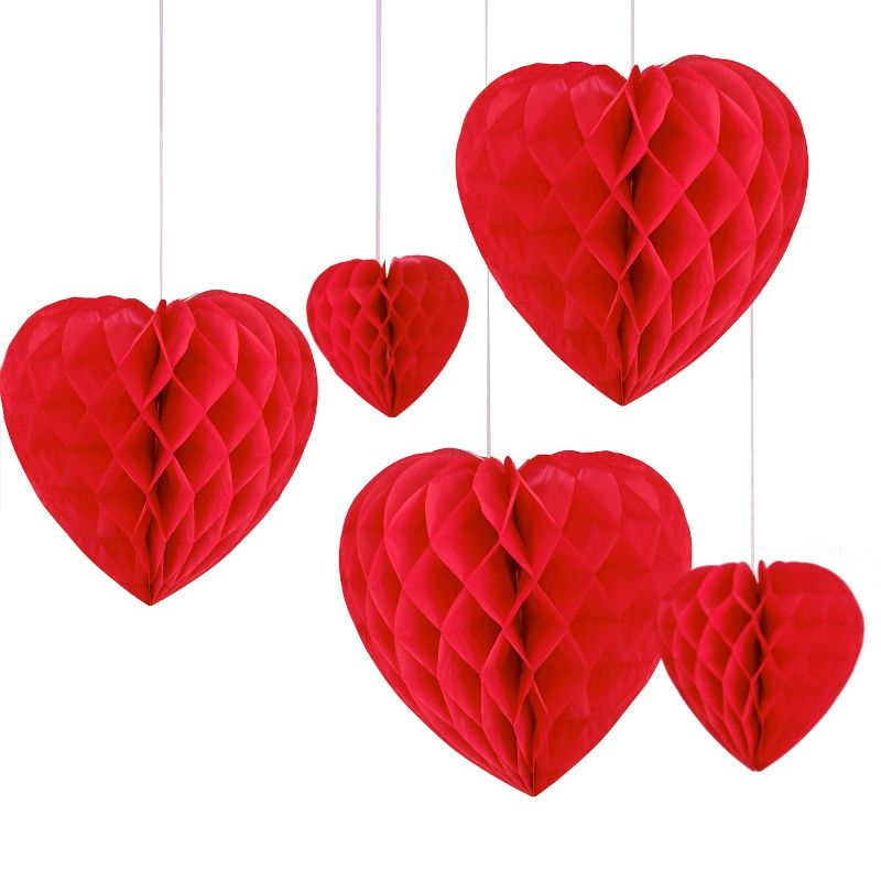 Romantic hanging heart decorations set, featuring 5 honeycomb hearts in red for Valentine's Day celebrations.