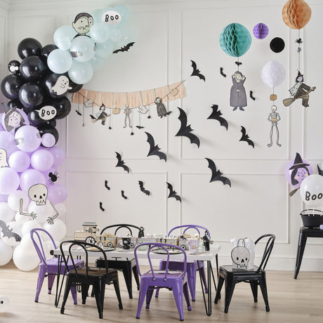 Vibrant Halloween balloon arch kit featuring 95 assorted balloons with spooky characters and easy assembly materials.
