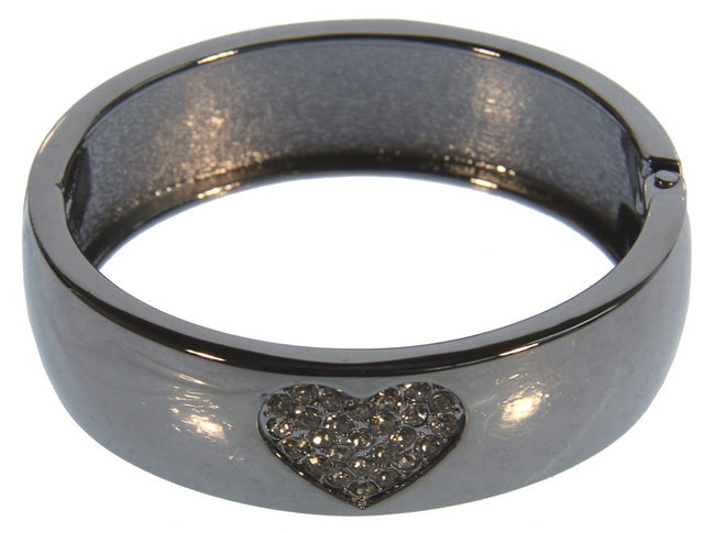 Elegant black cuff bracelet featuring a heart motif, crafted with imitation rhodium plating for versatility and style.