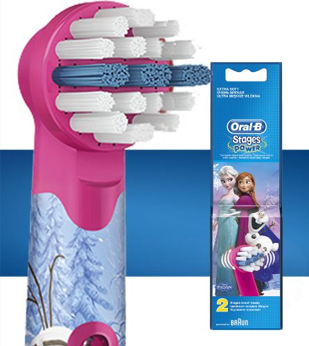 Oral-B Stages Kids toothbrush heads featuring Disney Frozen characters, with extra-soft bristles for gentle cleaning.