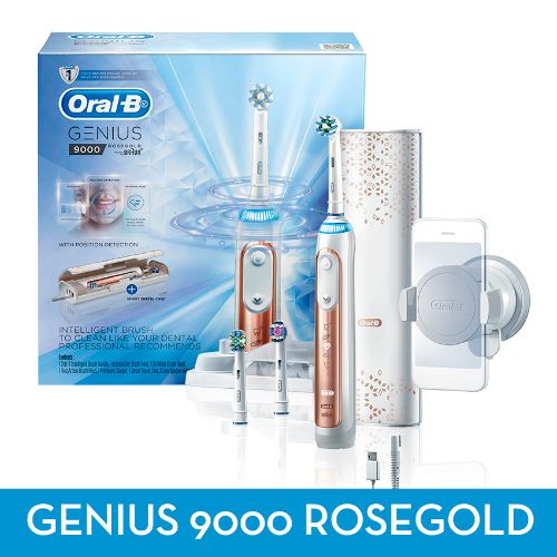 Oral-B GENIUS 9000 electric toothbrush in rose gold, featuring advanced cleaning technology and customizable modes for optimal dental care.