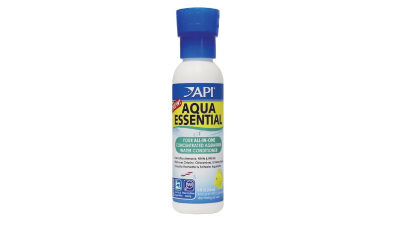 API Aqua Essential water conditioner (118ml) detoxifies tap water, removing chlorine and toxic ammonia for healthy aquariums.