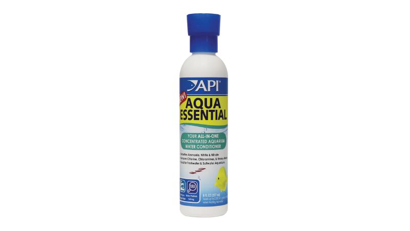 Aquatic water conditioner in a 237ml bottle; removes harmful substances for safe fish environments in aquariums.