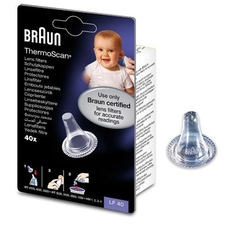 Braun LF40 Thermoscan Lensfilters, 2x20 pack, ensure hygienic, accurate temperature readings for Thermoscan 7 and 5 thermometers.