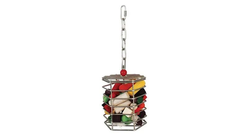 Stainless steel baffle cage for medium to large birds, designed for engaging foraging fun with toys or treats.