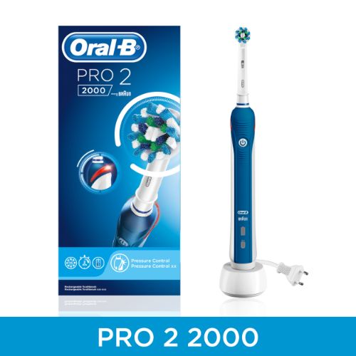 Oral-B PRO 2 2000 Blue Electric Toothbrush with round head, 3D cleaning action, pressure control, and 2-minute timer for optimal dental care.