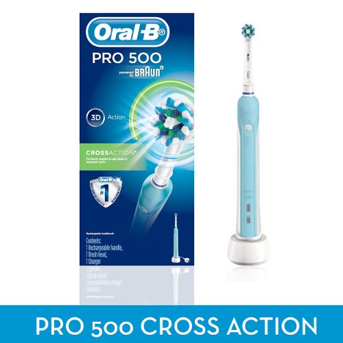 Oral-B PRO 500 electric toothbrush with Cross Action brush head for deep plaque removal and healthier gums.