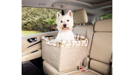 Dog Booster Seat - Happy Ride Quilted for small dogs, featuring a sturdy frame, elevated design, and cozy quilted liner.