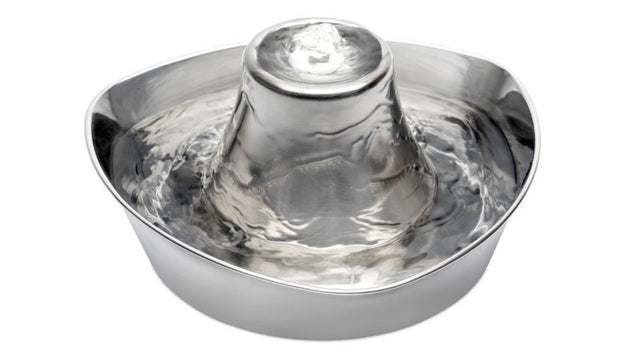 Stylish stainless steel pet fountain for cats and small dogs, featuring 1.8L capacity and gentle bubbling water flow.