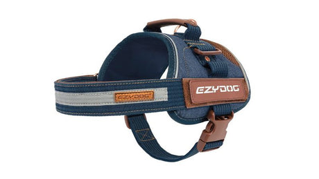 Stylish denim dog harness featuring adjustable straps, leather patches, and a magnetic handle for safety and comfort.