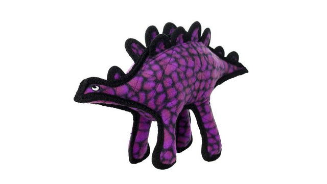 Durable Tuffy Jr Dinosaur Stegosaurus dog toy with squeakers, reinforced stitching, and soft fleece for safe, engaging play.