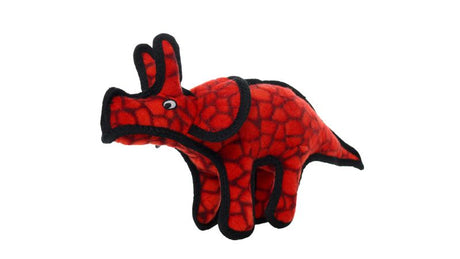 Durable Tuffy Jr Triceratops dog toy with soft fleece, multiple layers, and squeaker for safe interactive play.