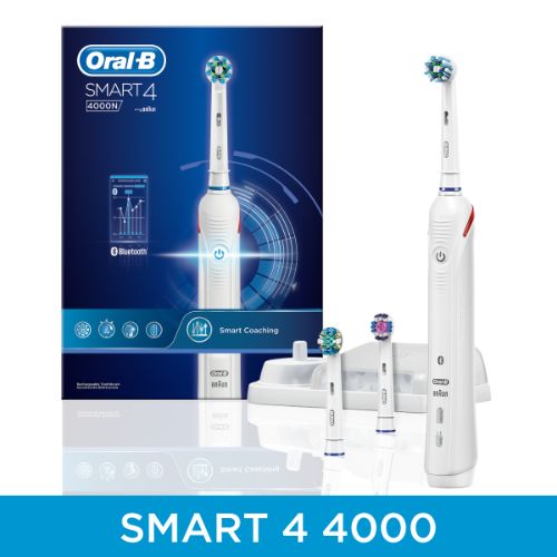 Oral-B Smart 4 4000 toothbrush with Bluetooth, round head design removes plaque, and features pressure control for gum protection.