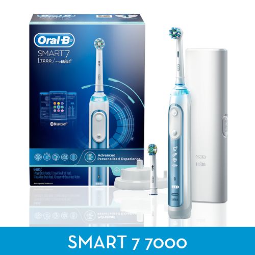 Electric toothbrush with Bluetooth, pressure sensor, and five modes for enhanced oral hygiene in sleek metallic blue.