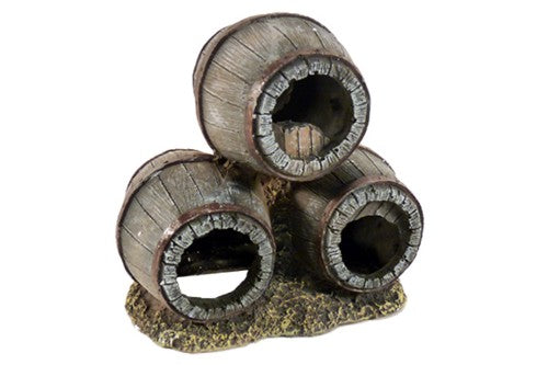 Aquatic Resin Ornament featuring three stacked barrels, adding rustic charm and hiding spots for fish in aquariums.