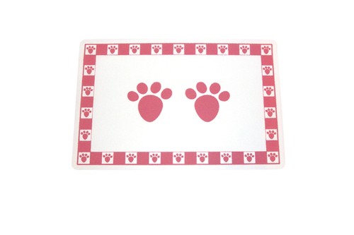 Pink pet feed mat with paw print design, measuring 48cm x 30cm, non-slip and easy to clean for dogs and cats.