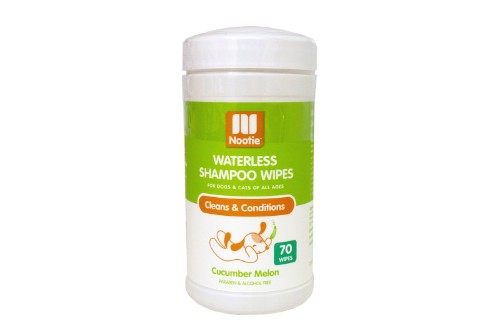 Nootie Waterless Dog and Cat Shampoo Wipes with cucumber melon scent, perfect for quick cleaning and conditioning.